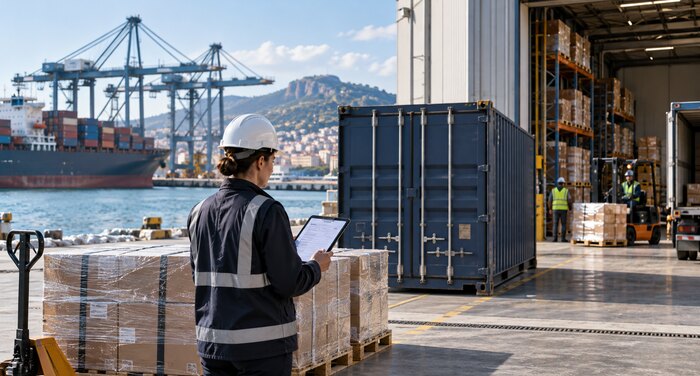 Imported goods moving from an Italian port to a third-party logistics warehouse