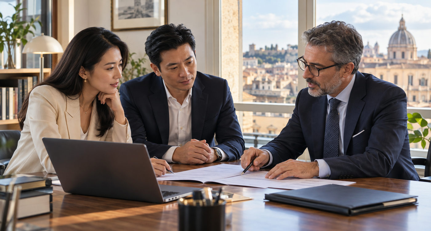 Chinese entrepreneurs discussing an Italian company project with a professional adviser in Rome